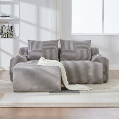 Sofá modular de 2 plazas 200x174x80 cm en pana gris con puff para salón - MEUBLIV (1/5)
