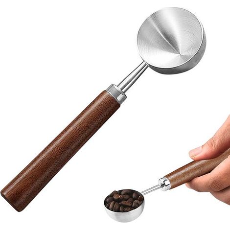 Cuchara dosificadora de acero inoxidable para café, cuchara medidora retro con mango de nogal negro, para granos de café, café molido, té, espresso y café de filtro. (1/5)