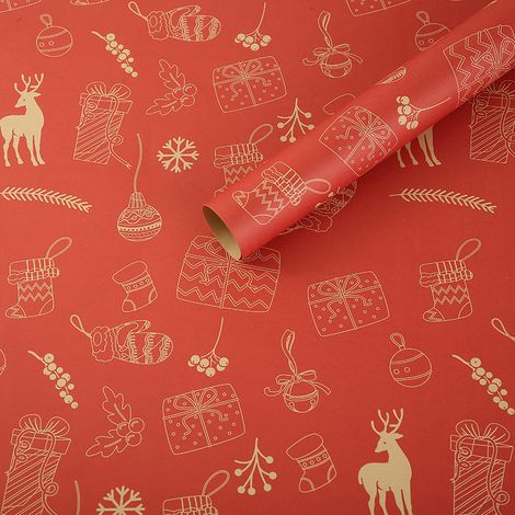 Papier cadeau kraft de Noël, 75x50cm, emballage cadeau écologique, renne rouge, 5 pièces (1/5)