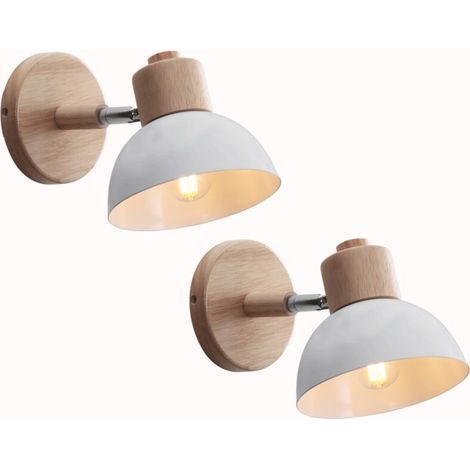Aplique de pared retro E27 en color blanco, fabricado en hierro forjado y madera, luminaria ajustable para dormitorio y salón, diámetro 15 cm, lote de 2 (1/5)