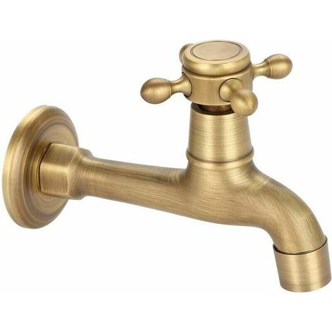 Generic Wasserhahngriff aus antikem Messing, für Wäsche, Badezimmer, Wandmontage, Waschmaschinenhahn, für den Außenbereich, Garten, Einzelschlauch, langer Kaltwasserhahn (1/4)