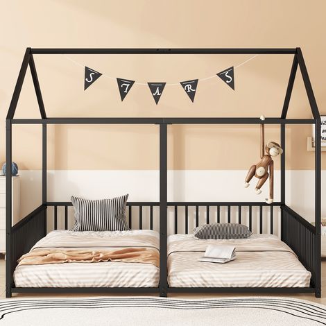 Lit double, en métal et fer, avec matelas, noir, 200 cm, pour maison et usage quotidien, sans matelas, Lit en métal, cadre en fer, échelle