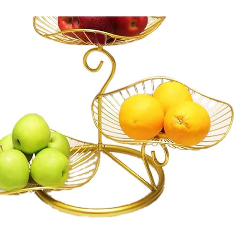 Corbeille à fruits nordique à 3 niveaux, panier de rangement moderne à plusieurs niveaux pour fruits et collations, idéal pour le salon ou la table basse. Motif feuille de lotus doré. (1/5)