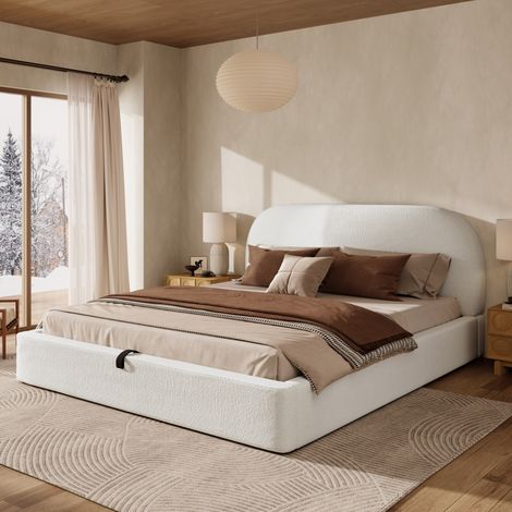 Cama doble tapizada 160x200 cm en bouclé beige con cabecero, somier de láminas y arcón hidráulico (1/5)