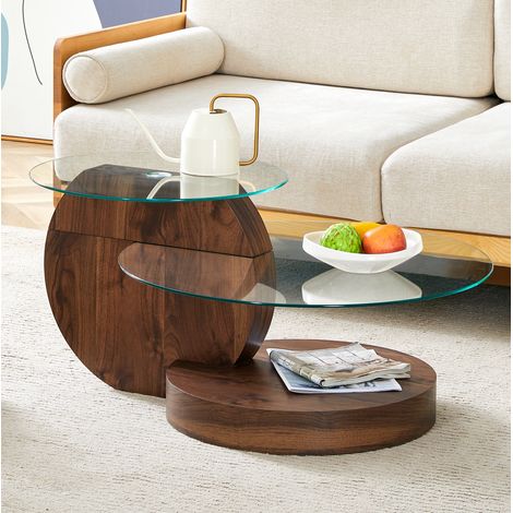Runder Couchtisch aus gehärtetem Glas, modernes Design, MDF, transparent und Walnussfarben HAVRYA (1/5)