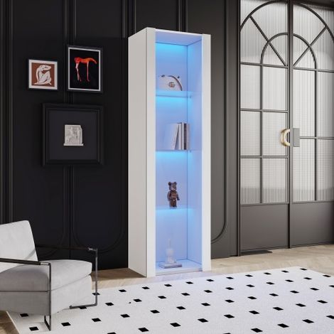 bellebio-Vitrine blanche laquée brillante avec éclairage LED, 3 étagères en verre, 55 x 38 x 166 cm, vitrines, vitrines autoportantes, armoires hautes, armoires de rangement (1/5)
