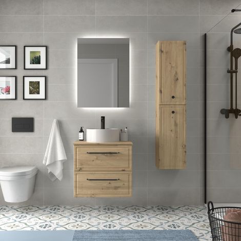 Mueble de Baño RUNA 70cm Roble 2 cajones Lavabo sobre encimera 1 poza Porcelana (1/5)