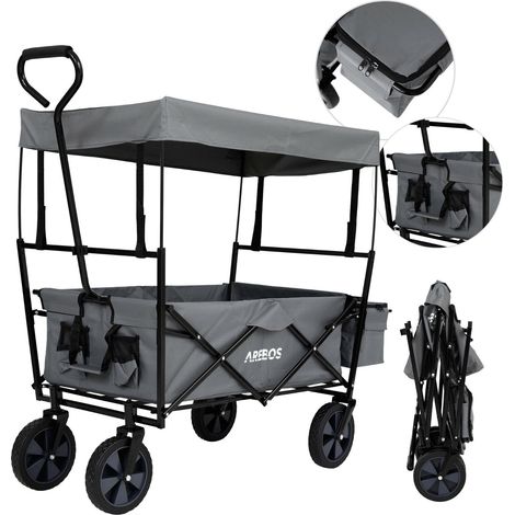 AREBOS Bollerwagen faltbar mit Dach Handwagen Transportwagen Faltwagen Gerätewagen inkl. 2 Netztaschen und Einer Außentasche faltbar bis 70 kg Tragkraft 360° Vollgummireifen Grau