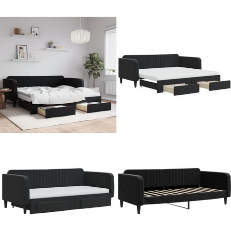 Lit de jour avec gigogne et tiroirs noir 90x190 cm velours - Canapé-lit - Lit gigogne (1/5)