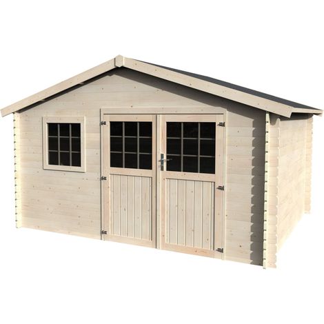 Abri de jardin bois FRÉVENT 398x326 cm - Surface utile : 11,19 m² - Épaisseur : 28 mm - Couleur : Naturel (1/2)