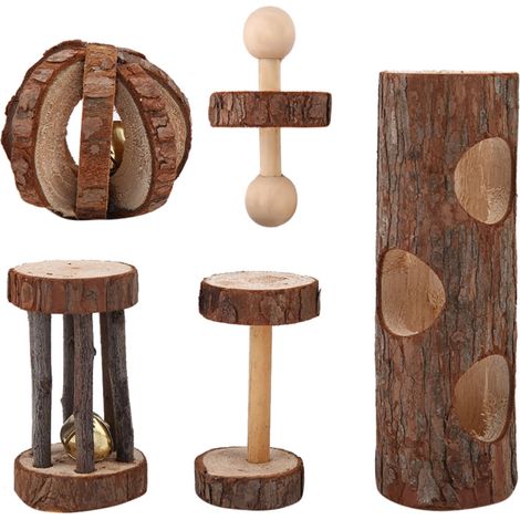 5 jouets en bois pour rongeurs, maison et objet à ronger, hamsters, cochons d'Inde, lapins (1/5)