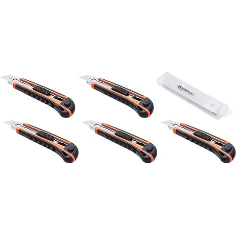 Cutters ultra robustes à manche rétractable, avec 10 remplaçables lame à positions de verrouillage multiples et s dans un boîtier, Lot de 5, Orange/Noir (1/5)