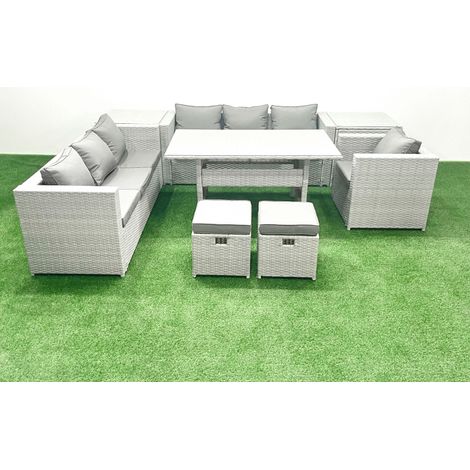 Fimous 8 Pieces Outdoor Rattan Sofa Set with Cushions Patio Garden Furniture Sets with Armchair Dining Table 2 Side Tables 2 Small Footstools