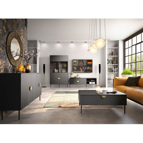 Set mobili soggiorno: Mobile TV, tavolino, credenza, vetrina, nero con maniglie dorate, collezione MONDO