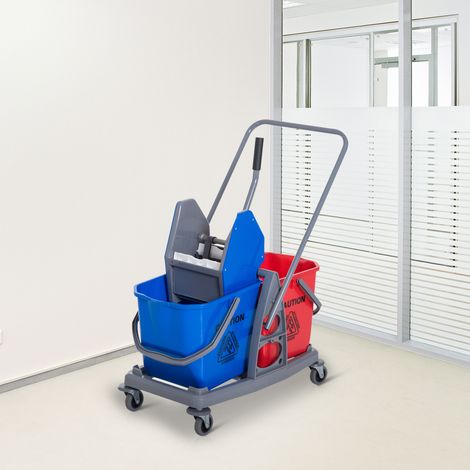 Carro de limpieza profesional con prensa de mandíbulas, 2 cubos de 25 L, 73 L x 45 W x 92 H cm, plástico gris, azul y rojo. (1/5)
