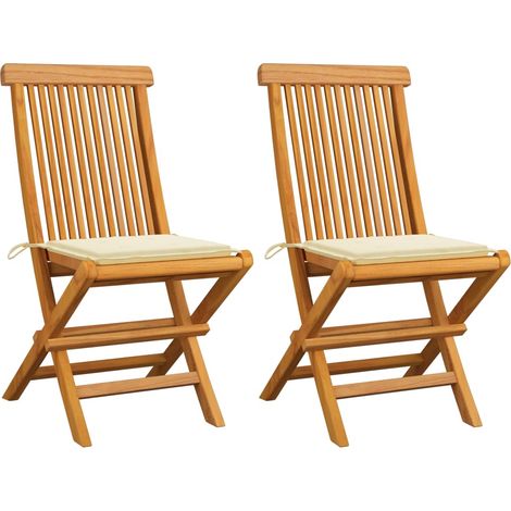 Lot de 2 Chaises/Fauteuils de jardin avec coussins crème Bois de teck massif -TF36441 (1/5)