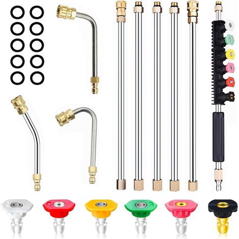 High Pressure Washer Lance Extender, 4000PSI Extension Bars For Pressure Washer with Spray Nozzle Tips and Curved Rod 30°, 90°, 120°, Cleaning Tools (1/5)