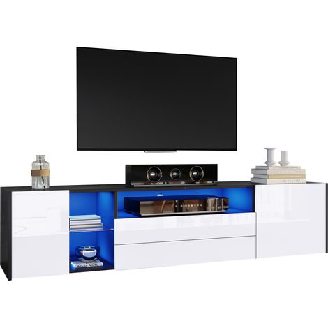 Meuble TV 180 x 40 x 45 cm, meuble bas TV LED laqué brillant, meuble TV avec 2 tiroirs et 2 placards, adapté aux téléviseurs 75 pouces, meuble TV noir et blanc (1/5)