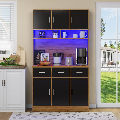 DESMIU Buffet de Cuisine LED avec 6 Portes, 3 Tiroirs, Étagères Réglables et Prises USB, Naturel et Noir, 100 × 40 × 180 cm (1/5)