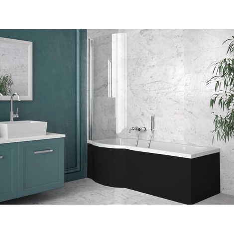 Bañera INSPIRO con delantal negro 160 cm + mampara de baño - Ángulo: Izquierdo
