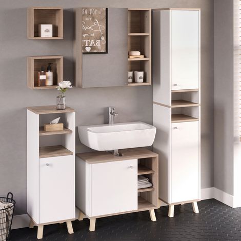 Set mobili bagno Senyo, Bianco, 5 parti, con armadio alto, Vicco
