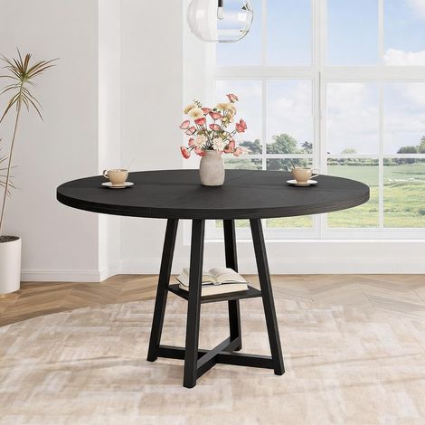 Table à Manger Ronde 120 cm avec Piètement Métallique, Étagère de Rangement, Plateau Effet Bois Noir, Style Industriel (1/5)