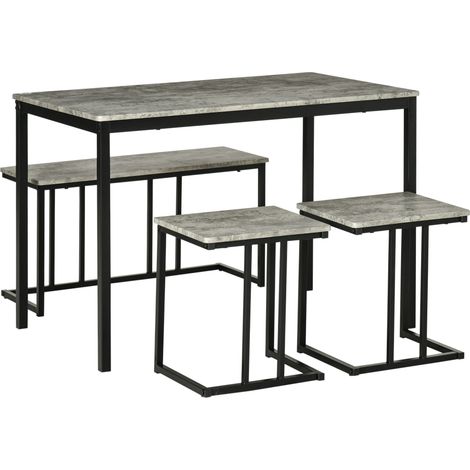 4-Piece Dining Table and Chairs Set for 4,Grey Concrete Effect Kitchen Table with Steel Frame and Bench