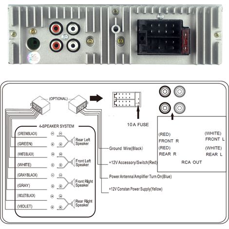 Autoradio avec 7 LED de couleur, Bluetooth, double port USB à charge rapide, audio stéréo MP3 ID3 WMA, entrée auxiliaire, carte TF, A2DP, kit mains libres ISO