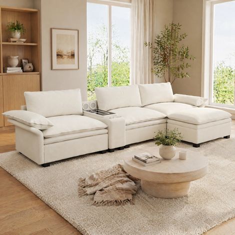 Modulares Ecksofa 315 cm aus Chenille mit Hocker, beige HAVRYA (1/5)