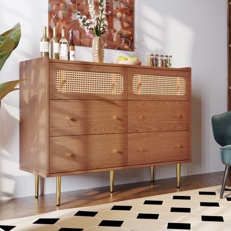 Aparad con 6 cajones 120x40x90cm tejido de ratán en madera de nogal para dmitio y salón (1/5)
