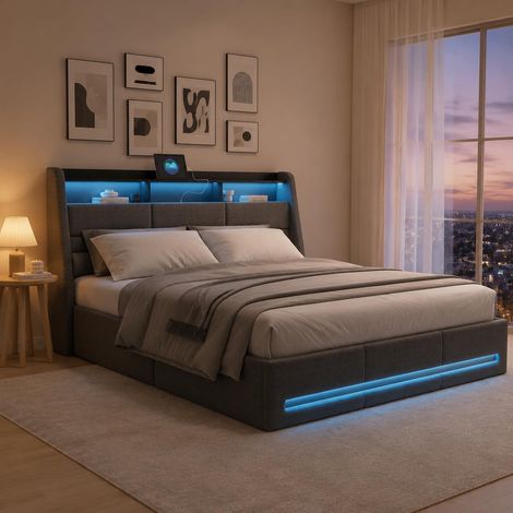 Lit coffre double adulte 140x190 cm avec rangement hydraulique, tête de lit coffre avec LED, ports de charge, revêtement en lin gris (1/5)