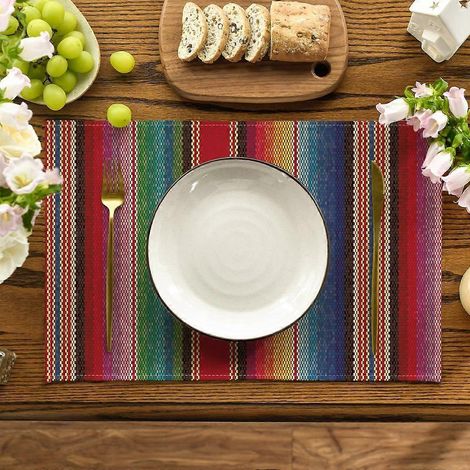 Sets de table à rayures colorées pour la fête mexicaine du Jour des Morts (Dia de los Muertos), lot de 6, 30 x 45 cm, rouge/orange, pour une décoration printanière de table ou de salle à manger. (1/4)