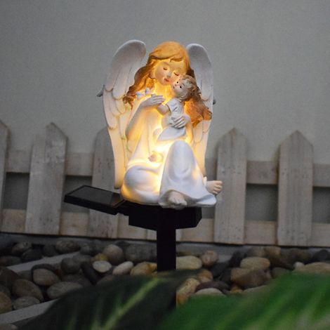 Lámpara de jardín solar para exteriores, con inserto de resina y figura de ángel que representa a un padre y un hijo decoración luminosa para un jardín de estilo europeo. (1/5)