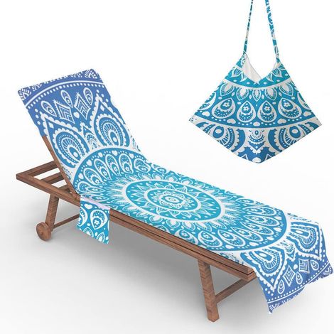 Housse De Chaise De Plage, Mandala Serviette De Plage avec Poches De Rangement, Housse De Transat Pliable Et Légère pour Bain De Soleil (Bleu dégradé,75x210cm)