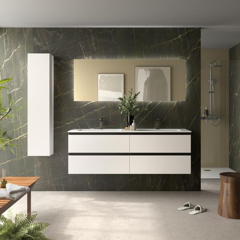 Meuble de salle de bain BEQUIA METAL 160cm Blanc mat Vasque Vilna Solid Surface Centrale (1/4)