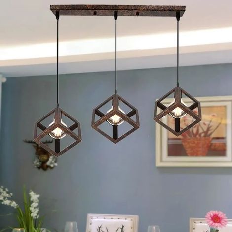U-do 3 Têtes Lustre Suspension Industrielle Vintage - Pendantif carré en Fer E27 - Marron (1/4)