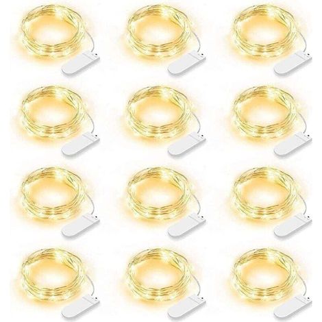 Lot de 12 Guirlande Lumineuse LED, Guirlande Lumineuse à Piles 2m 20 LEDs Fée Chaîne Lumières Guirlande IP65 Étanche LED Déco pour Chambre Noël Mariage Fête Jardin, Blanc Chaud (Blanc Chaud)