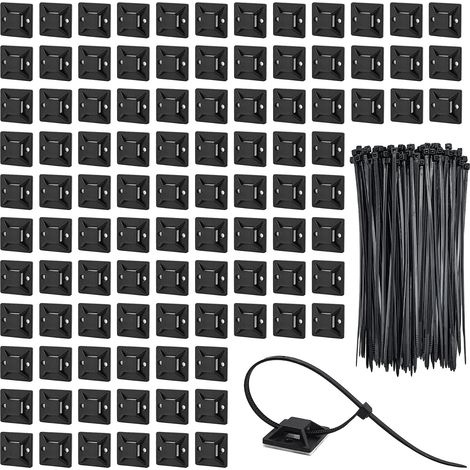 Lot de 100 supports adhésifs pour colliers de serrage et clips pour câbles adhésifs. Serre-câbles adhésifs. Serre-câbles adhésifs pour bureau et maison (noir) (1/5)