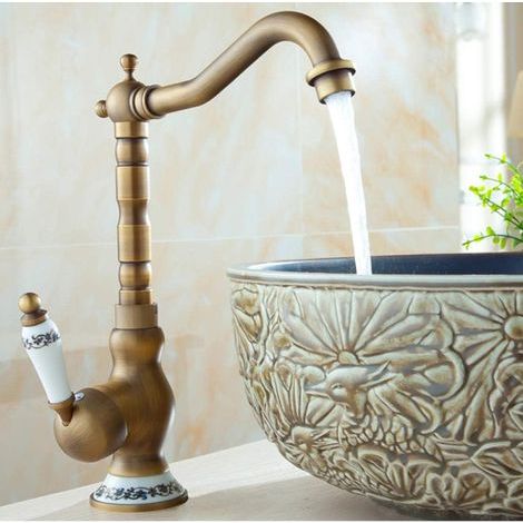 Robinet de Bassin en Laiton Antique en Porcelaine en Porcelaine céramique à Manche Unique Tap 360 Rotation Rotation Faucet de Salle de Bain (1/4)