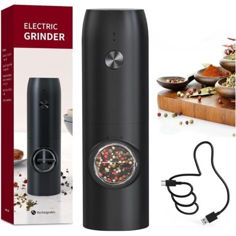Moulin à Poivre Électrique Moulin à Épices Rechargeable avec Lumière LED Blanche, Capacité de 70ml et Grosseur Réglable, Noir (1/5)
