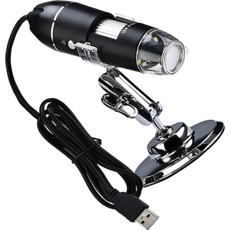Microscope Numérique Scientifique 1600x USB Noir pour Observation  Lentille en Verre, Objectif 50x et Mise au Point 0-40mm, LED Intégrée, Support Réglable (1/5)