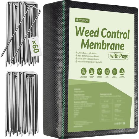 Velway Toile de Paillage 2x10m + 60 Piquets - Géotextile 100g/m2 Anti-Mauvaises Herbes - Kit Complet Jardin - Noir (1/5)