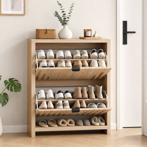 Zapatero de 2 puertas abatibles 80x24x95 cm MDF acabado roble - CHICFURN (1/5)