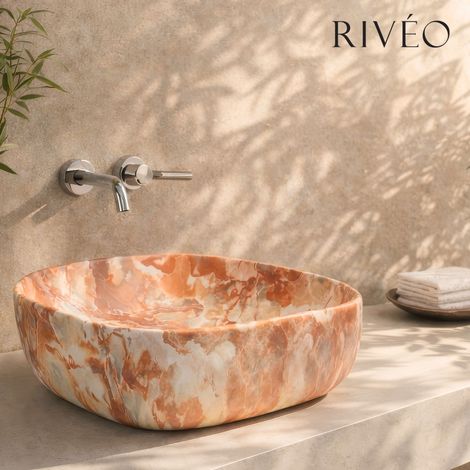 Vasque à poser carrée à angles arrondis rose effet marbre 425 x 425 x 145 mm – Rivéo