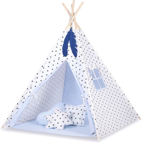 Kinder-Tipi-Zelt + Matte + Kissen + Federanhänger - Schwarze Sterne/Blau (1/5)
