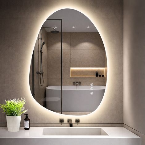 Miroir asymétrique GIMBELEN avec éclairage 75×55 cm, 3 couleurs de lumière, variateur, anti-buée, étanche IP44, miroir LED à interrupteur tactile, fonction mémoire, montage horizontal/vertical. (1/5)