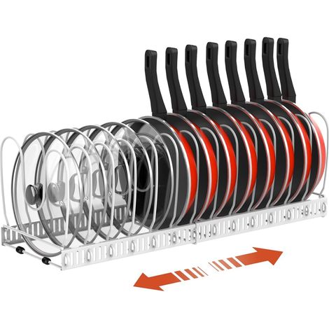 Rangement Poele et Casserole, Range Couvercle avec 14 Compartiments Réglables, Porte Casseroles Rangement Couvercle Casserole pour Cuisine, Blanc (1/5)