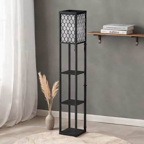 Lampe sur pied en bois massif et noir avec étagères de rangement (1/5)