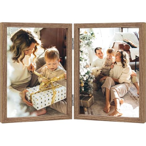 Cadre Photo Double 10x15 cm Cadre en Bois Pliable avec Verre, Bois (1/5)