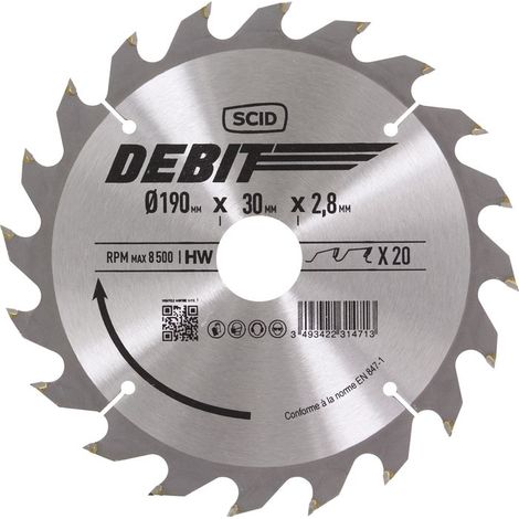 Lame au carbure pour scie circulaire SCID - Epaisseur 2,8 mm - 20 dents - Diamètre 190 mm - Alésage 30 mm